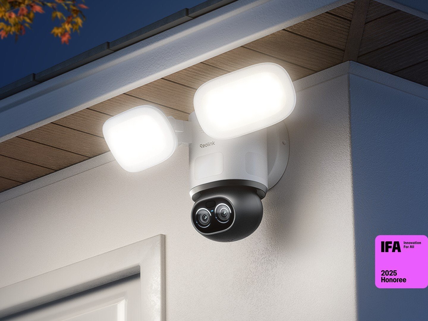 Reolink TrackFlex Floodlight WiFi surveillance camera, featuring a 2-in-1 dual-lens design and 360° coverage, with a person in the background, showcasing its ability to capture high-quality footage in various lighting conditions, highlighting the primary keyword, WiFi surveillance camera.