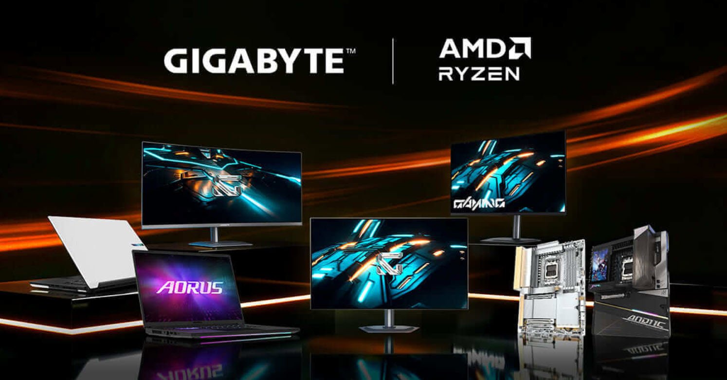 Gigabyte and AMD logos with a background of a gaming keyboard and mouse, showcasing their partnership to bring AI gaming to the masses, with a focus on AI gaming laptops, motherboards, and displays