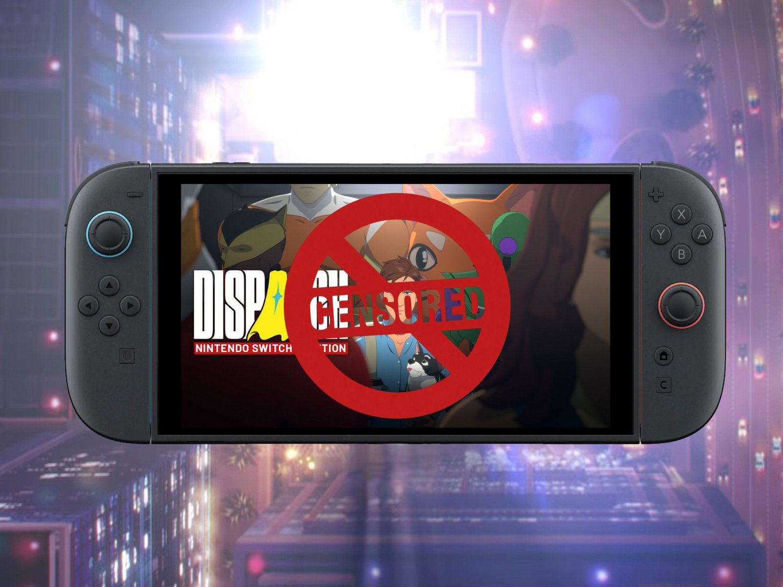 A person holding a Nintendo Switch console, with a disappointed expression, highlighting the Dispatch game censorship controversy, which has led to eShop refunds for players who were unaware of the restrictions