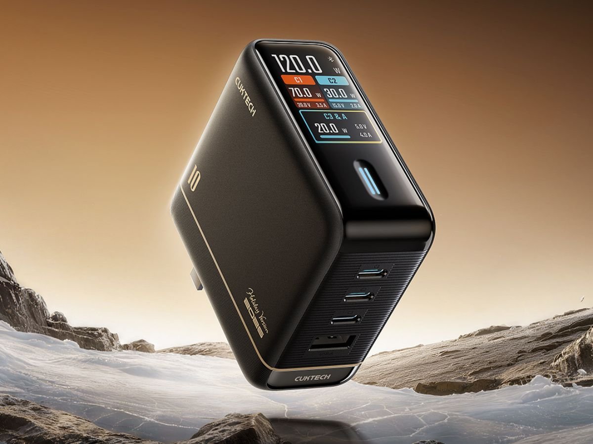 The Cuktech 10 GaN Charger Ultra limited edition features a sleek black and gold design with a bright integrated display, showcasing the primary keyword GaN Charger and its 4-port accessory, providing up to 120W power via USB-C, perfect for charging multiple devices at once, with a focus on the limited edition status and exclusive design