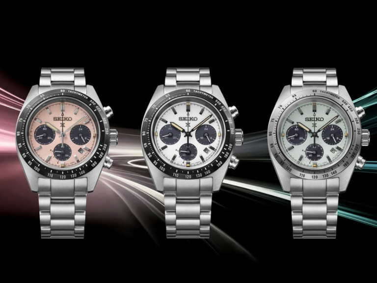 Seiko Prospex Speedtimer chronograph watch with sapphire crystal and solar-powered movement, available in white, pale pink, and mint green, featuring 100m water resistance and V192 solar caliber