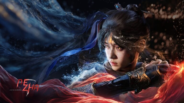 GeniGods: Nezha gameplay screenshot, showcasing the game's stunning visuals and intense action sequences, set amidst a richly detailed Chinese mythology-inspired environment