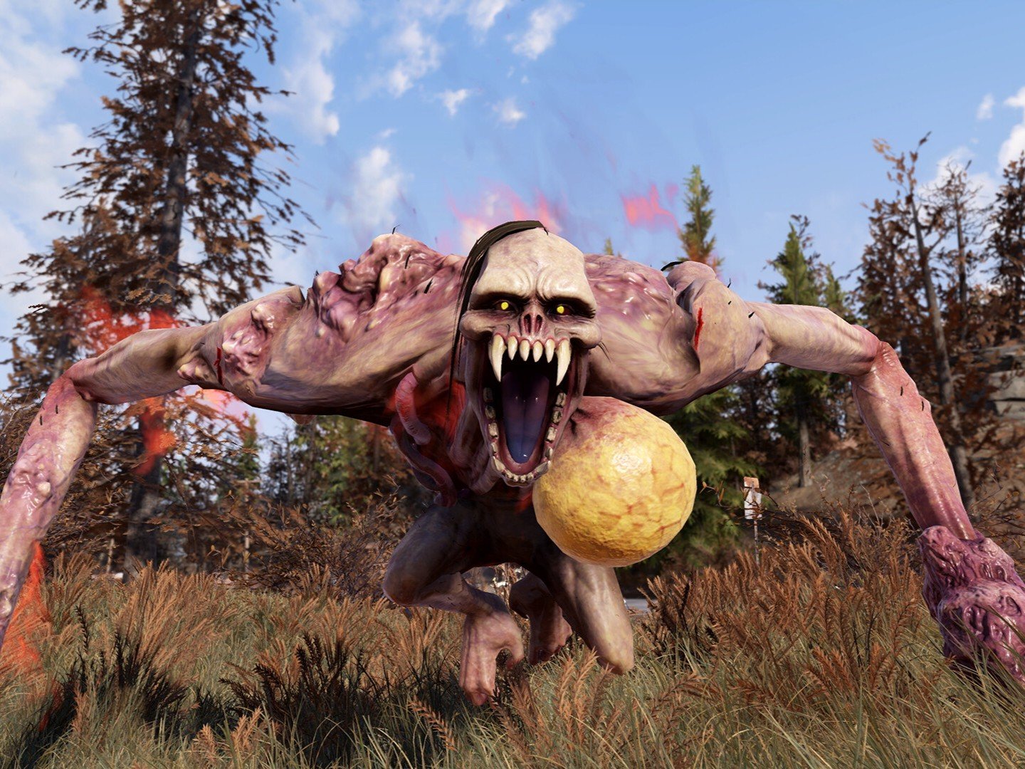 Fallout 76 gameplay screenshot showing a character exploring a post-apocalyptic landscape, with a description of the game's survival open-world RPG elements and Steam sale