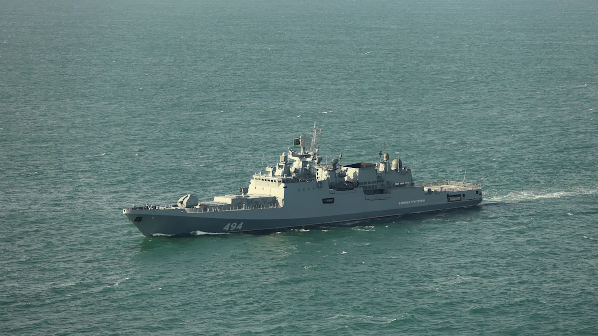 A Russian warship in the English Channel, with a vessel in the background, the warship is firing warning shots, the primary keyword is Russian warship