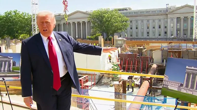 The White House ballroom undergoing renovation, with scaffolding and construction equipment visible, highlighting the extensive work being done to restore the historic room, a symbol of American democracy and history, with the primary keyword being White House renovation