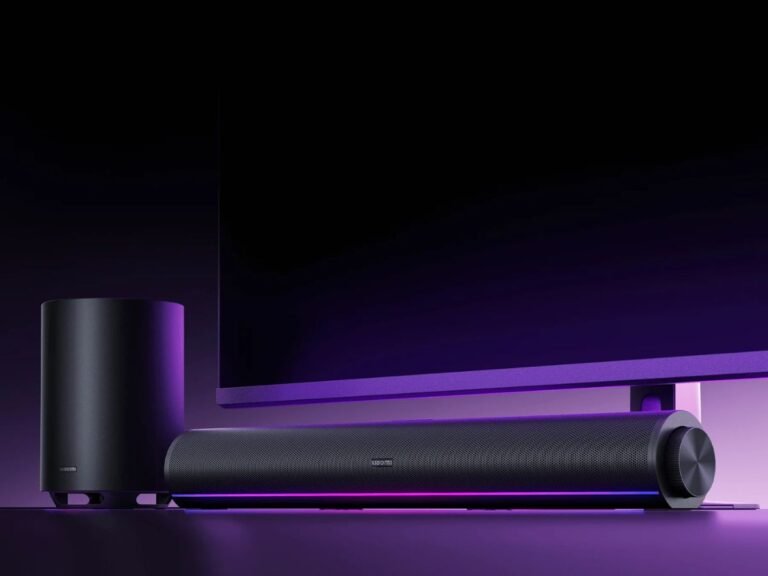 Xiaomi Desktop Speaker Pro Set featuring a sleek soundbar and wireless subwoofer with RGB lighting, perfect for home audio entertainment with its minimalist design and advanced features such as multiple listening modes
