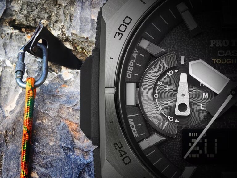 The Casio Pro Trek PRW-B1000-1 outdoor watch with ABC sensors, flame-resistant case, and Bluetooth, perfect for hiking, camping, and other outdoor activities, available at a discounted price