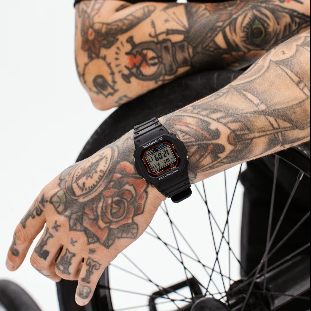 The Casio G-Shock GW-M5610-U1 solar-powered watch, featuring a shock-resistant build, 200m water resistance, and a sleek design, perfect for outdoor enthusiasts who appreciate a reliable timepiece with a touch of style