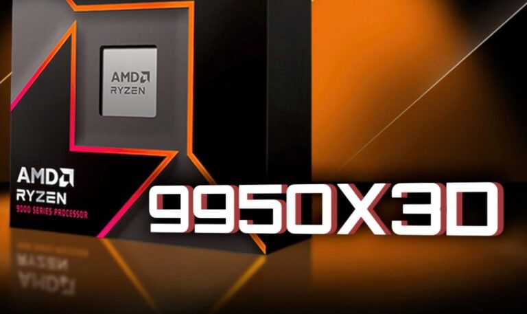 A close-up of the AMD Ryzen 9 9950X3D processor, showcasing its complex design and architecture, with the primary keyword Ryzen 9 9950X3D featured prominently