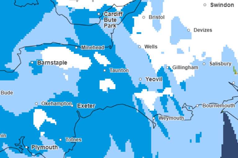A descriptive image of a snow-covered street in the UK, with a primary focus on the snow forecast and weather maps, including a band of snow moving across the country, bringing with it a chance of disruption to transport and daily life, and a yellow weather warning in place for some parts of the country