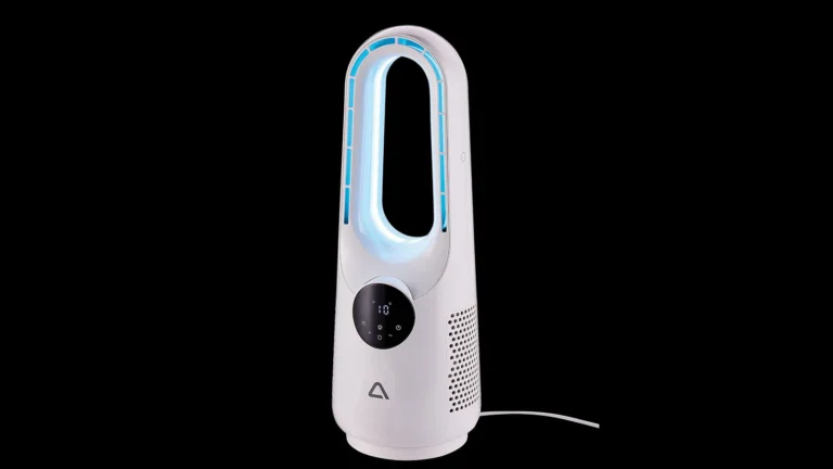 Aldi's bladeless fan, a budget-friendly alternative to Dyson, with a unique design and impressive features, including an LED light ring and ten speed settings, available in UK stores now