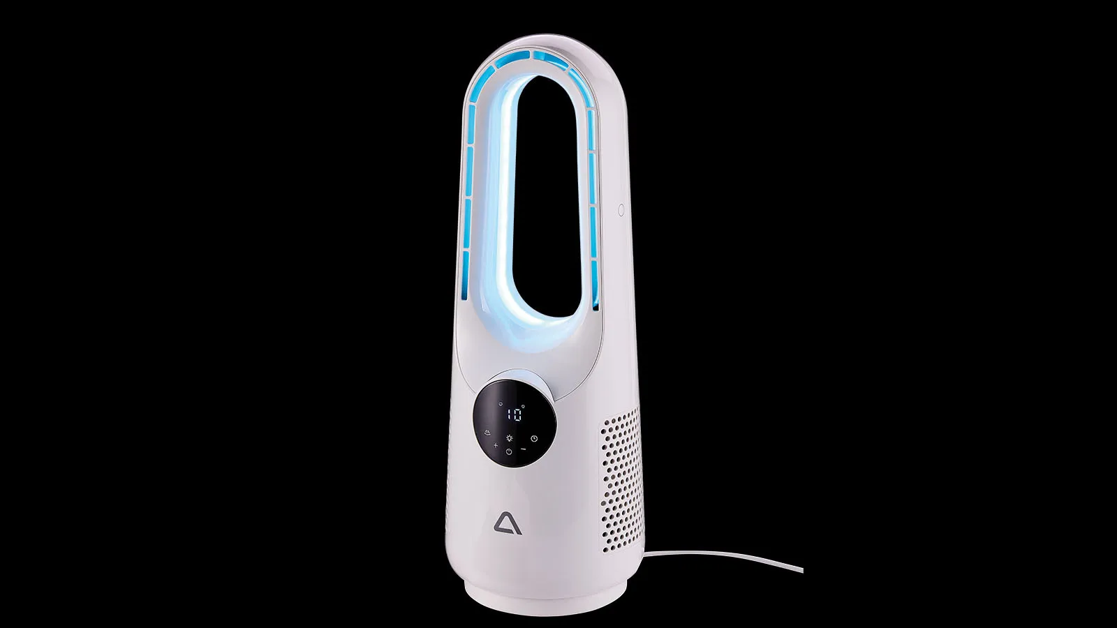 Aldi's bladeless fan, a budget-friendly alternative to Dyson, with a unique design and impressive features, including an LED light ring and ten speed settings, available in UK stores now