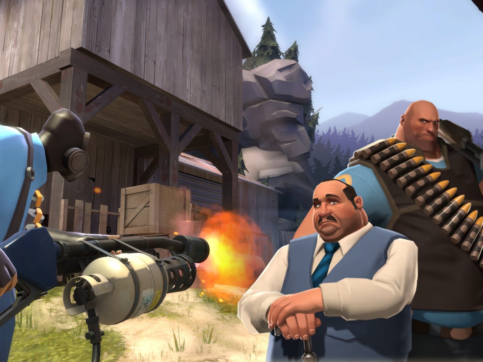 Team Fortress 2 Classified gameplay screenshot, featuring a multiplayer match with various characters and maps, showcasing the game's colourful and action-packed environment, with a primary focus on the game's multiplayer aspect