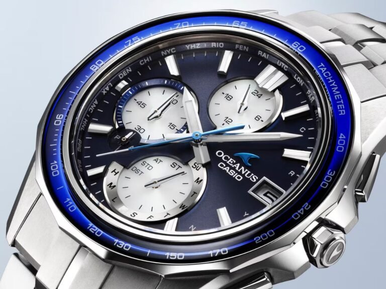 The Casio Oceanus Manta watch features a striking blue and white design, with a sapphire glass bezel ring and a titanium casing and strap, showcasing the watch's unique blend of style and functionality, with the primary keyword being Casio Oceanus Manta watch.