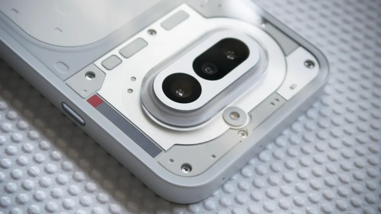 Nothing Phone (4b) with its semi‑transparent back and single rear camera, shown in a minimalist sketch.