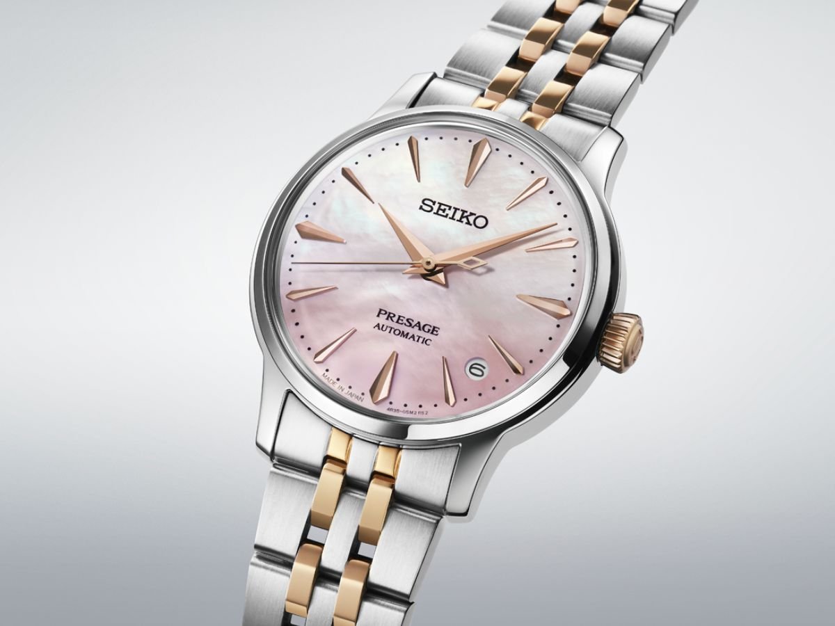 The Seiko Presage ‘Springtime’ Cocktail Time SRPM06J1 watch, featuring a mother-of-pearl dial and automatic movement, inspired by the colours and flavours of cocktails, with a unique design that combines watchmaking and mixology