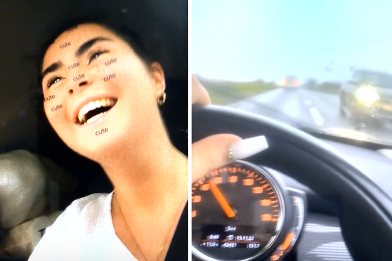 A woman holding a smartphone while driving, with a blurred background of a road, highlighting the dangers of distracted driving and the importance of road safety, with a focus on the primary keyword phrase 'dangerous driving'