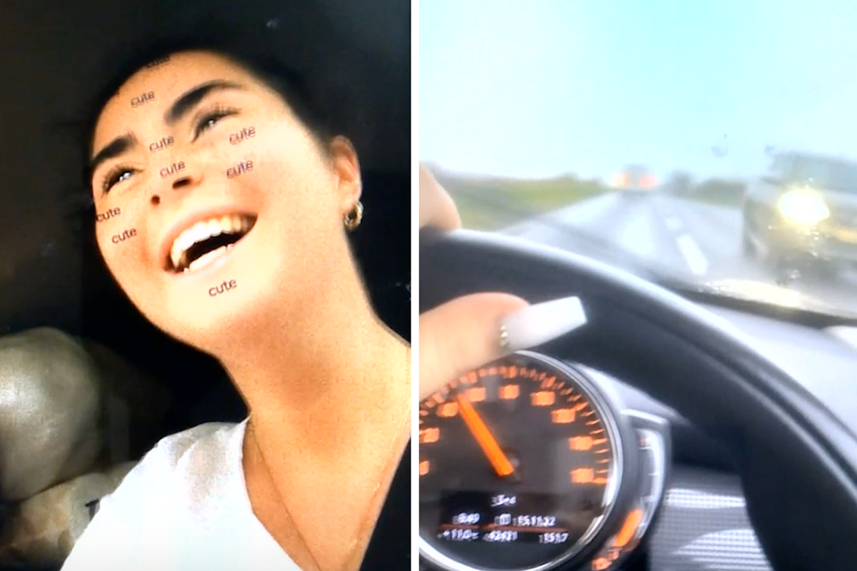 A woman holding a smartphone while driving, with a blurred background of a road, highlighting the dangers of distracted driving and the importance of road safety, with a focus on the primary keyword phrase 'dangerous driving'