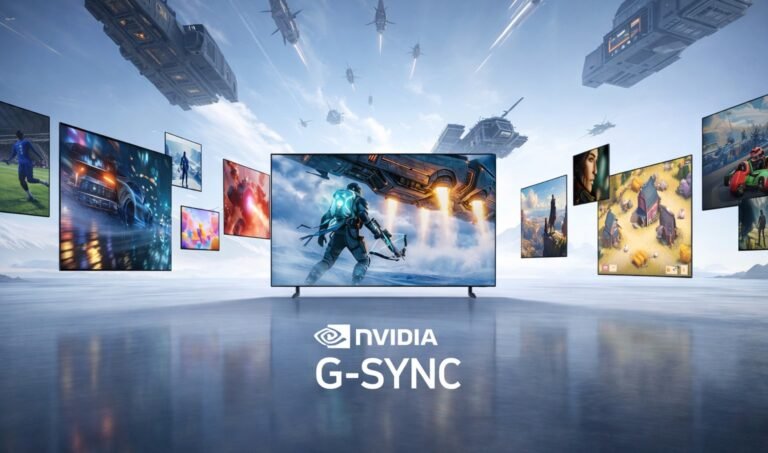 A gamer playing on a Samsung 2026 OLED TV with NVIDIA G-Sync compatibility, enjoying a smooth and tear-free gaming experience with minimal screen tearing and stuttering, thanks to the advanced G-Sync technology