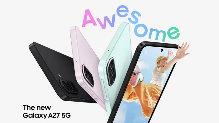 Samsung Galaxy A27 smartphone shown on a tabletop with its punch‑hole display
