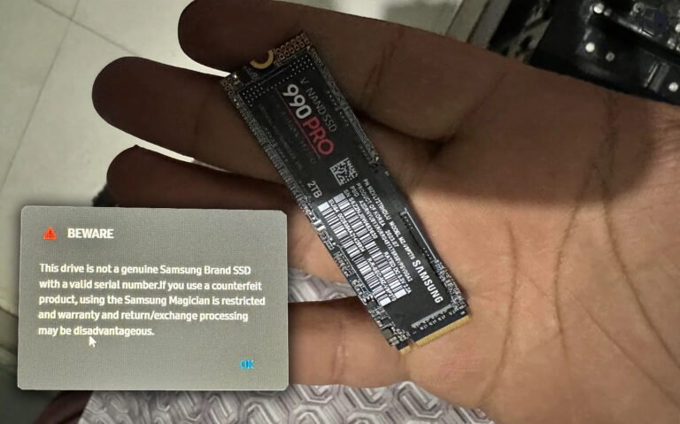 A fake Samsung 990 PRO SSD with a USB 2.0 connector, highlighting the importance of being cautious when buying SSDs and the need to check the product's specifications and reviews before making a purchase, with a focus on SSD scams and fake SSDs