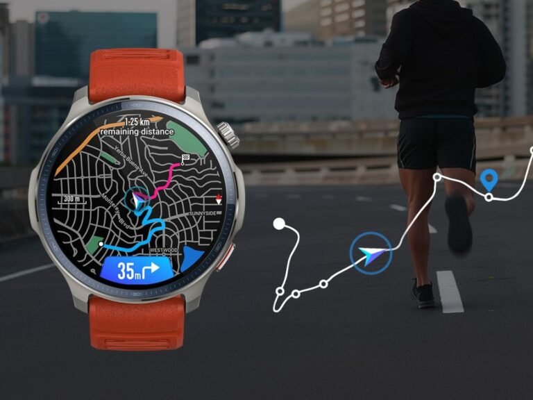 Amazfit Balance 2 smartwatch with Route Planning feature, showcasing a user navigating through a park with a clear map display on the smartwatch screen. The image highlights the smartwatch's ability to provide turn-by-turn directions and real-time location tracking, making it an ideal accessory for outdoor enthusiasts. With its sleek design and user-friendly interface, the Amazfit Balance 2 smartwatch is the perfect companion for anyone looking to stay connected and navigate their surroundings with ease.