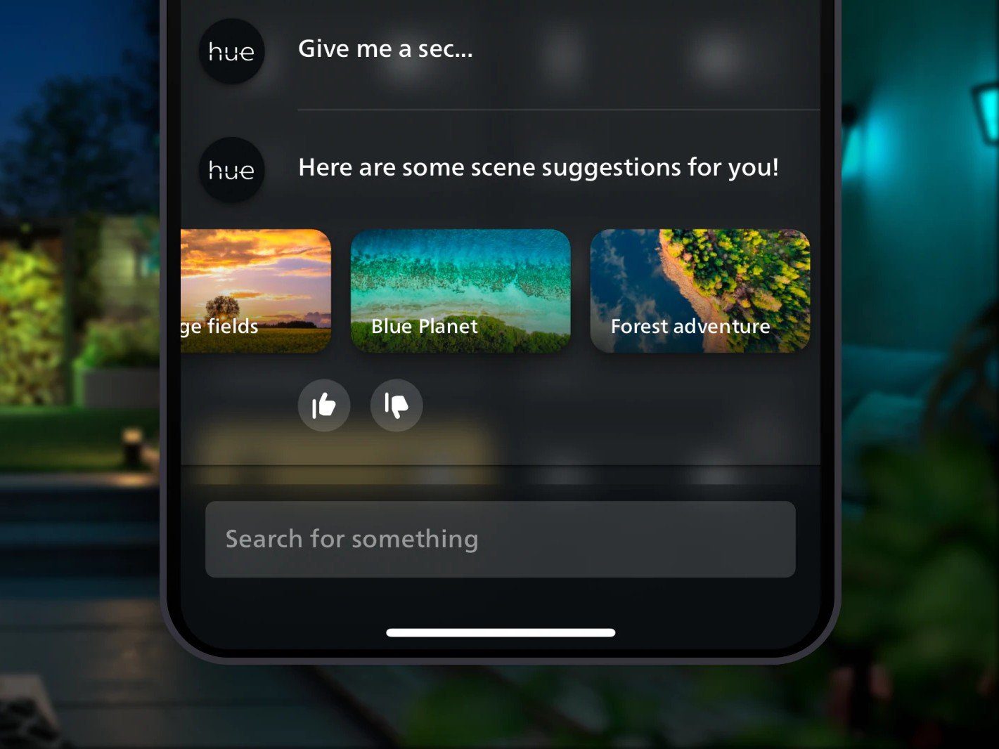 Philips Hue smart lighting system with AI assistant, featuring a range of colourful lights and a smart speaker with a screen displaying the Philips Hue app