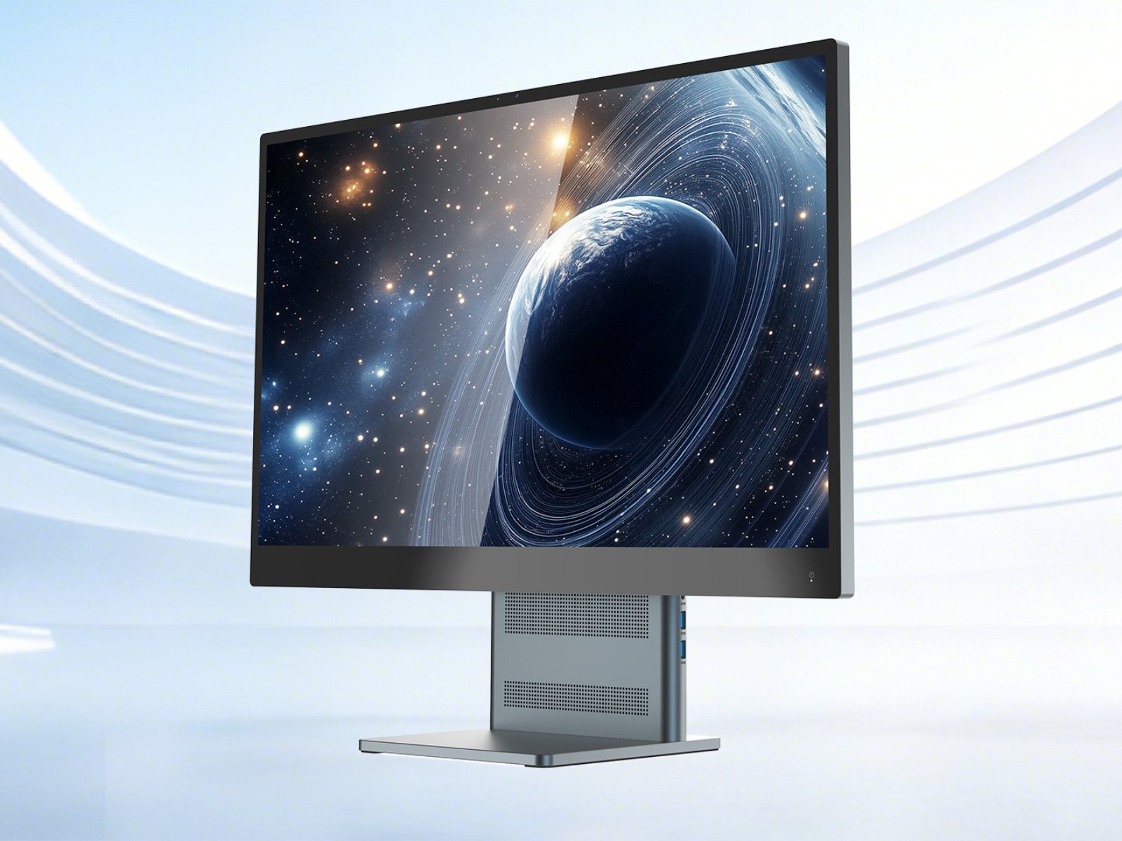 The AideaONE R27 all-in-one desktop featuring AMD's Strix Halo processor, with a sleek design and robust specifications, perfect for gaming and graphics-intensive applications, with up to 128 GB RAM and dual M.2 2280 slots