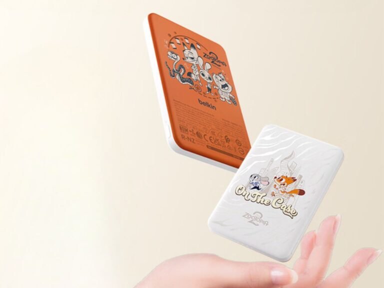 The Belkin x Zootopia 2 BoostCharge Slim Magnetic Power Bank 5K, a limited edition power bank with an orange and white design, featuring images of Zootopia 2 characters, perfect for wireless charging on-the-go