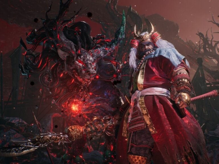 Nioh 3 gameplay screenshot showing a character fighting a monster in a dark forest, with a discounted price tag overlaid on top, highlighting the launch offer and discounted price for the action-adventure game