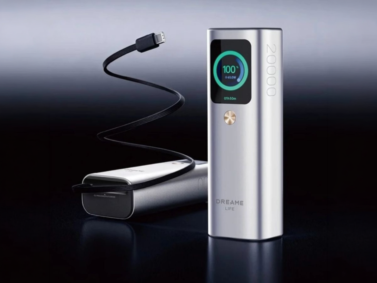 The Dreame Life 165W Power Bank with Built-in Cable features a sleek and compact design, complete with a retractable cable and TFT display, making it an ideal accessory for anyone looking for a reliable and efficient power solution, with the primary keyword being portable power bank