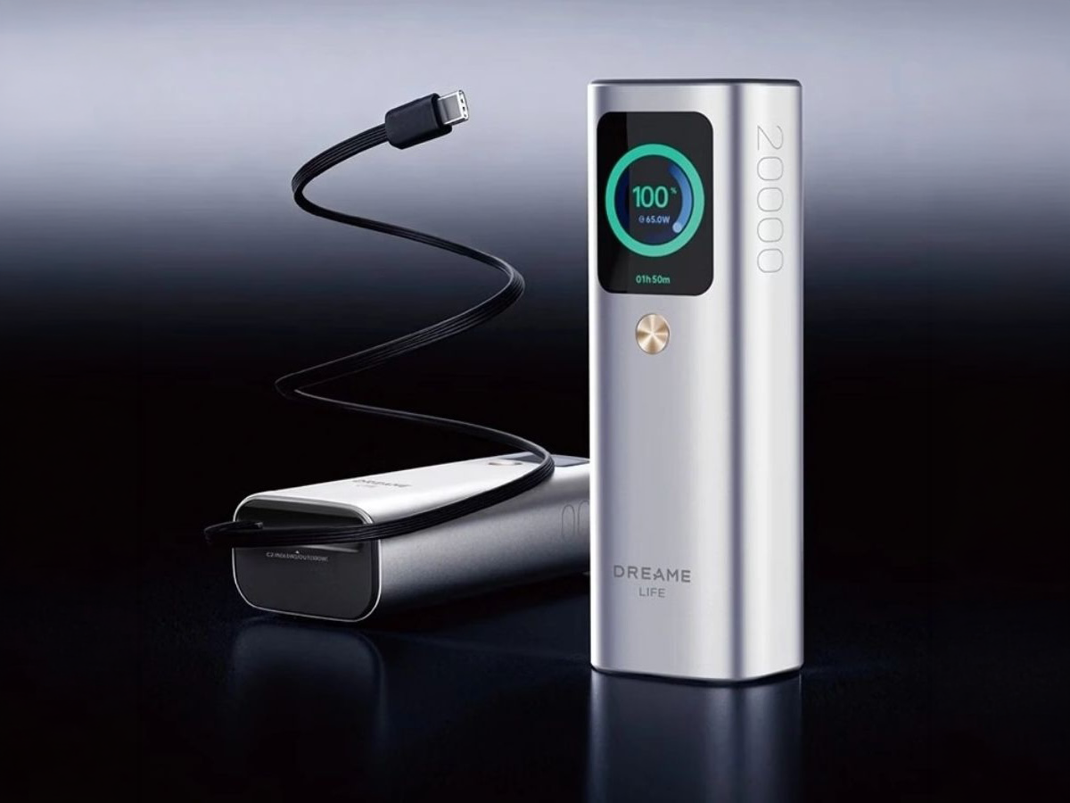 The Dreame Life 165W Power Bank with Built-in Cable features a sleek and compact design, complete with a retractable cable and TFT display, making it an ideal accessory for anyone looking for a reliable and efficient power solution, with the primary keyword being portable power bank