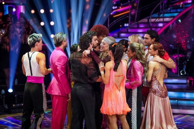 Strictly Come Dancing star in a dazzling dance routine, surrounded by glittering costumes and bright colours, highlighting their passion and energy for the programme