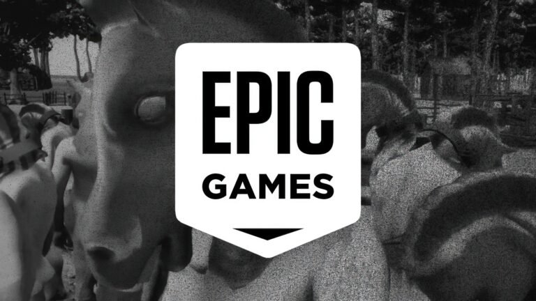 A screenshot of the game HORSES, with a horse's head prominently displayed, symbolising the game's themes and the controversy surrounding its ban, with Epic Games' logo in the background, representing the company's role in the drama