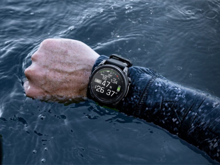 A Garmin Pro smartwatch on a user's wrist, displaying a map with accurate GPS tracking, highlighting the device's ability to provide reliable navigation and fitness tracking features, with a clear and colourful display