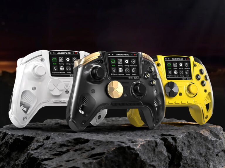 The Anbernic RG G01 Bluetooth controller in three translucent finishes, a budget-friendly rival to 8BitDo and GameSir with a design inspired by the Manba One, featuring Bluetooth connectivity and ergonomic design