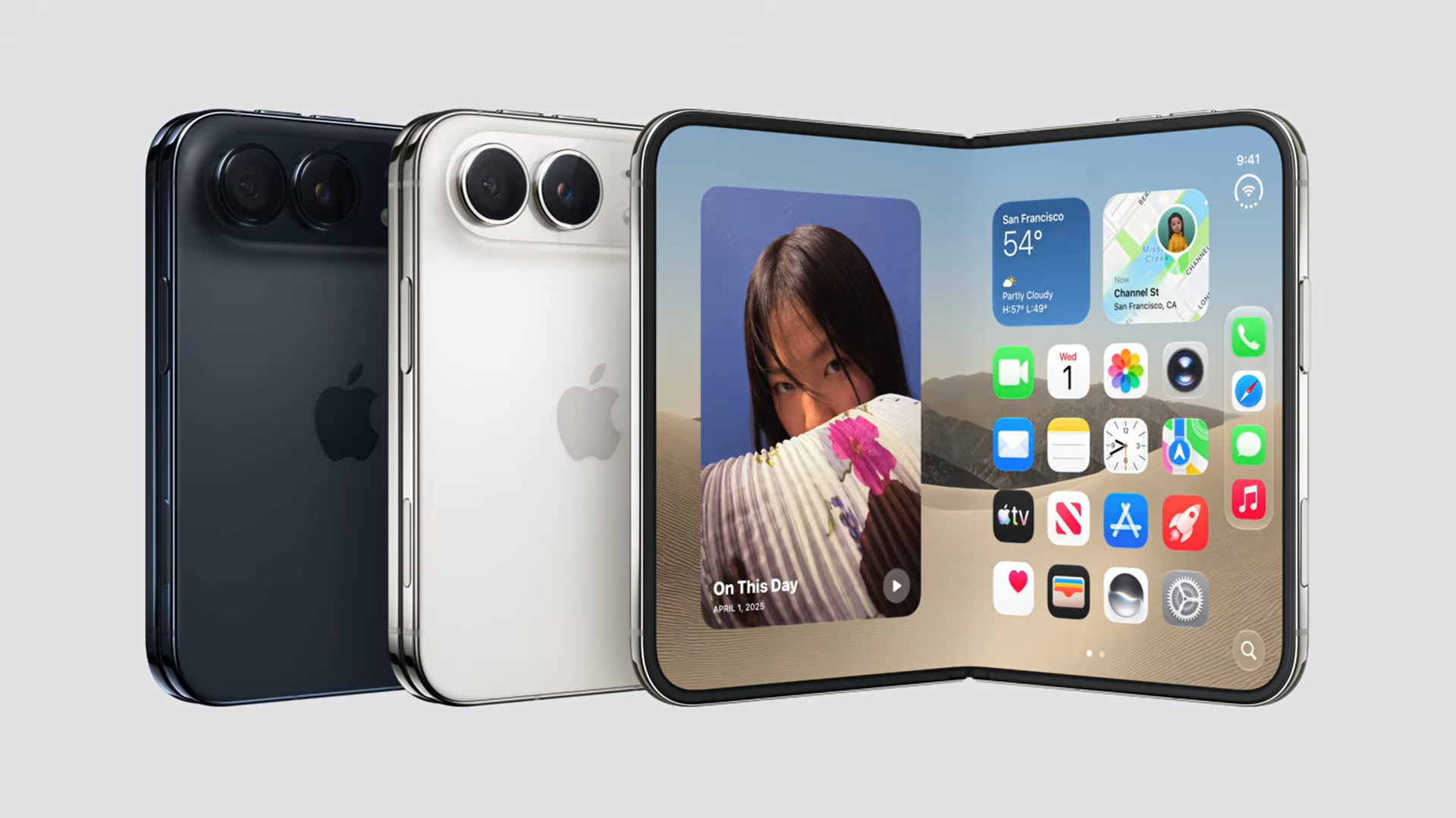 Apple iPhone Duo closed showing asymmetrical screen and right‑handed Touch ID button
