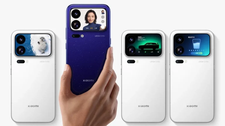 Xiaomi 18 Pro and 18 Pro Max smartphones displayed in white and galaxy blue with rear screen
