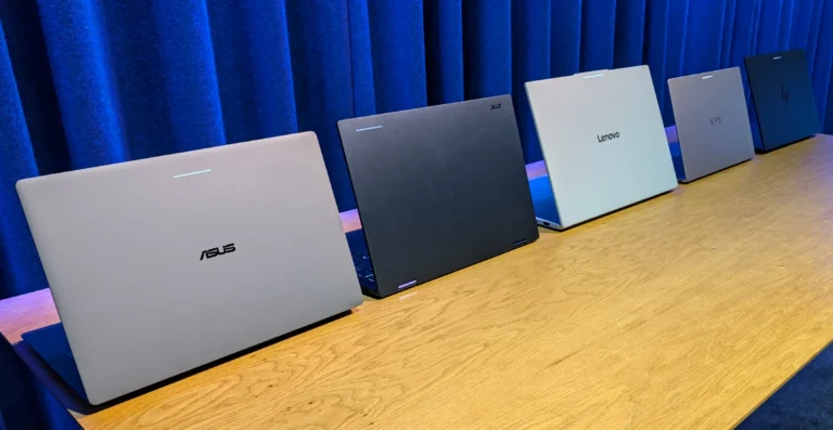 Collage of the five Googlebook laptops from Acer, Asus, Dell, HP and Lenovo with their specifications