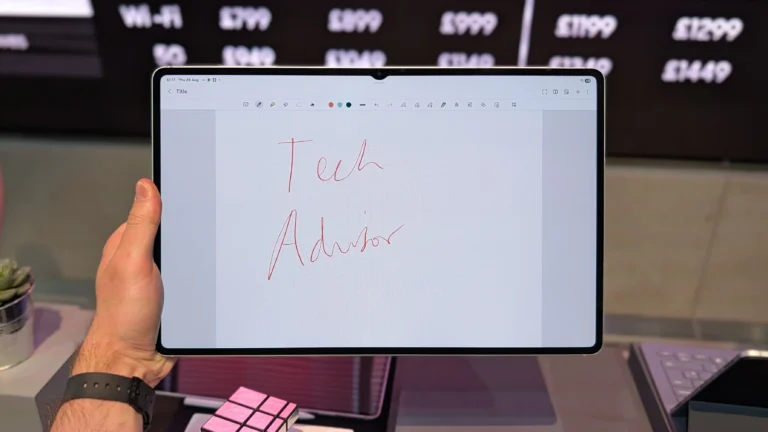 Render of Samsung Galaxy Tab S12 Ultra showing front view with semi‑circular display cutout and magnetic S Pen slot