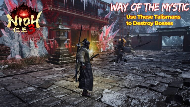 A warrior in Nioh 3, armed with a sword and utilising a talisman to defeat a powerful Yokai enemy, with a dark and mystical background, showcasing the game's unique colour palette and intense action sequences