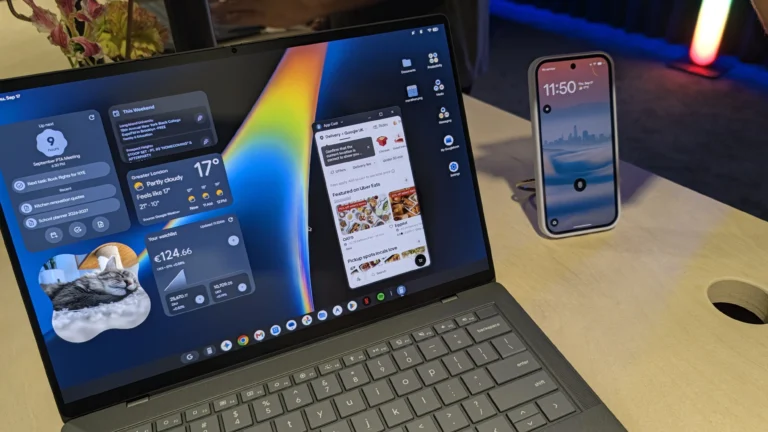 Googlebook laptop displaying Android phone interface on a large screen