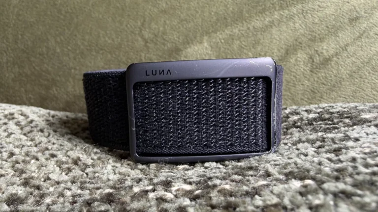 Luna Band fitness tracker on wrist with nylon strap and metal buckle
