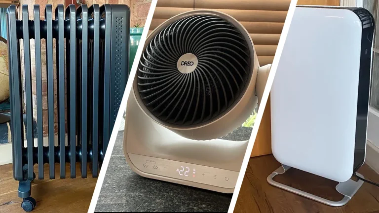 Selection of top rated plug-in heaters displayed on a wooden table