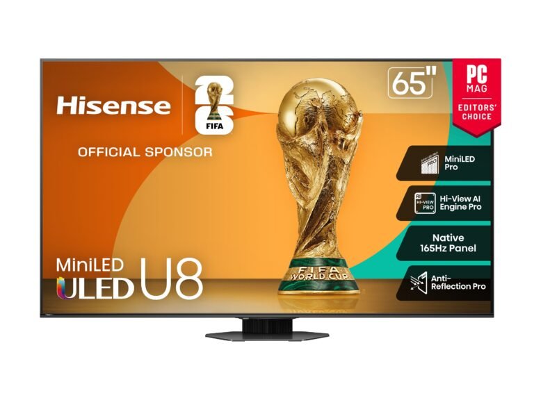 The Hisense U8 65-inch Mini-LED TV features a stunning 65-inch screen with excellent colour reproduction and high brightness, making it perfect for immersive viewing experiences with its advanced Mini-LED technology and sleek design