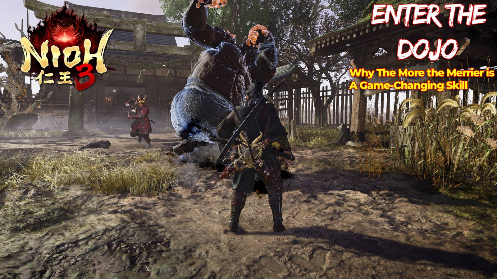 A warrior in Nioh 3, showcasing the Ninja Style and The More The Merrier skill in action, with a captivating background and intricate details, highlighting the game's unique combat system and character customisation options