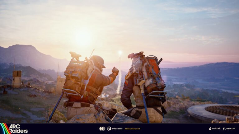 ARC Raiders Shared Watch event screenshot, showing players working together to take down ARCs, with a cityscape in the background and a sense of excitement and energy in the air, as they analyse the behaviour of their enemies and develop effective strategies to succeed