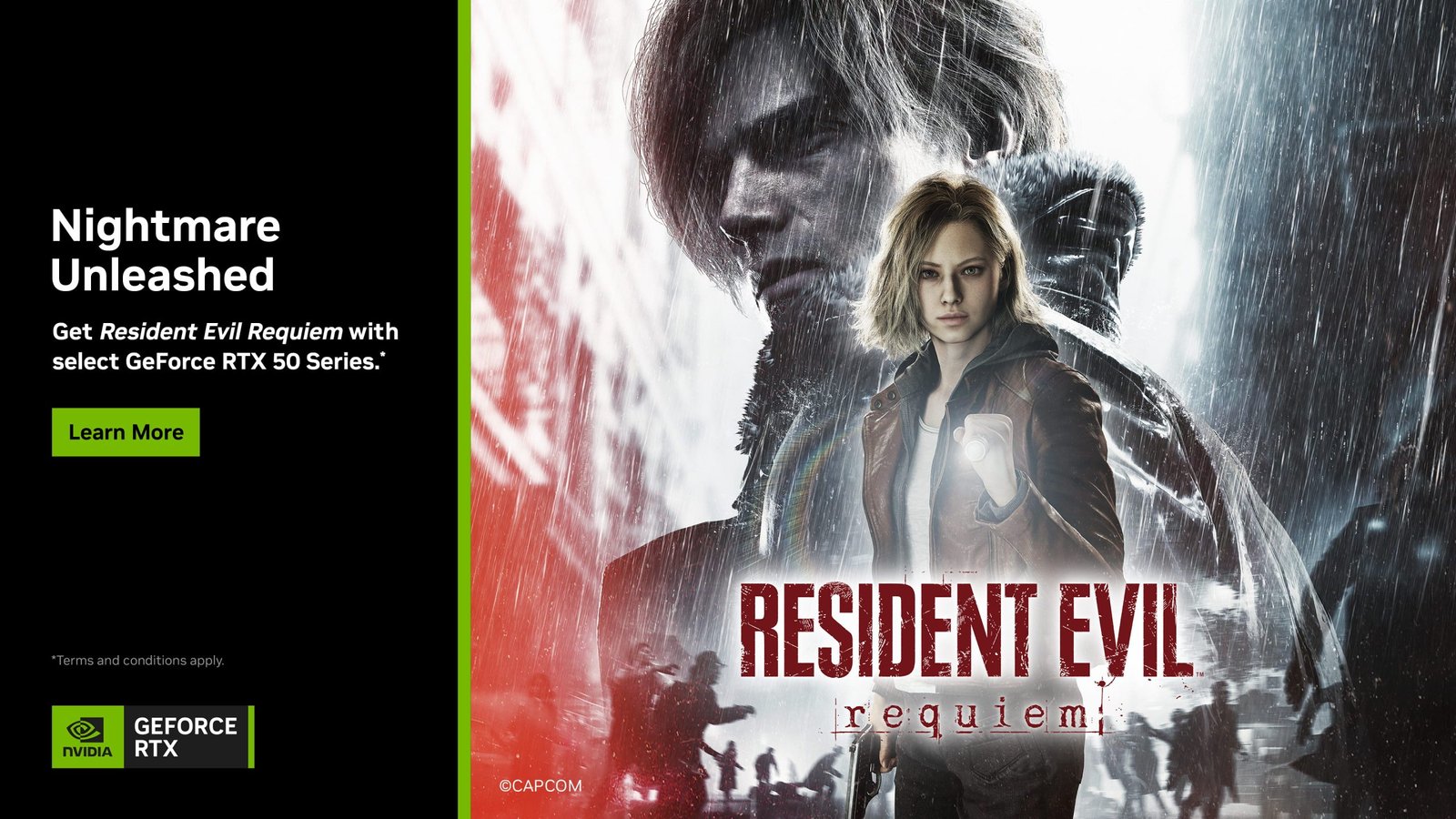 Resident Evil Requiem game bundle featured image, showing a horror scene with a dark atmosphere and a sense of fear, including a free copy of the game with NVIDIA's GeForce RTX 50 GPUs