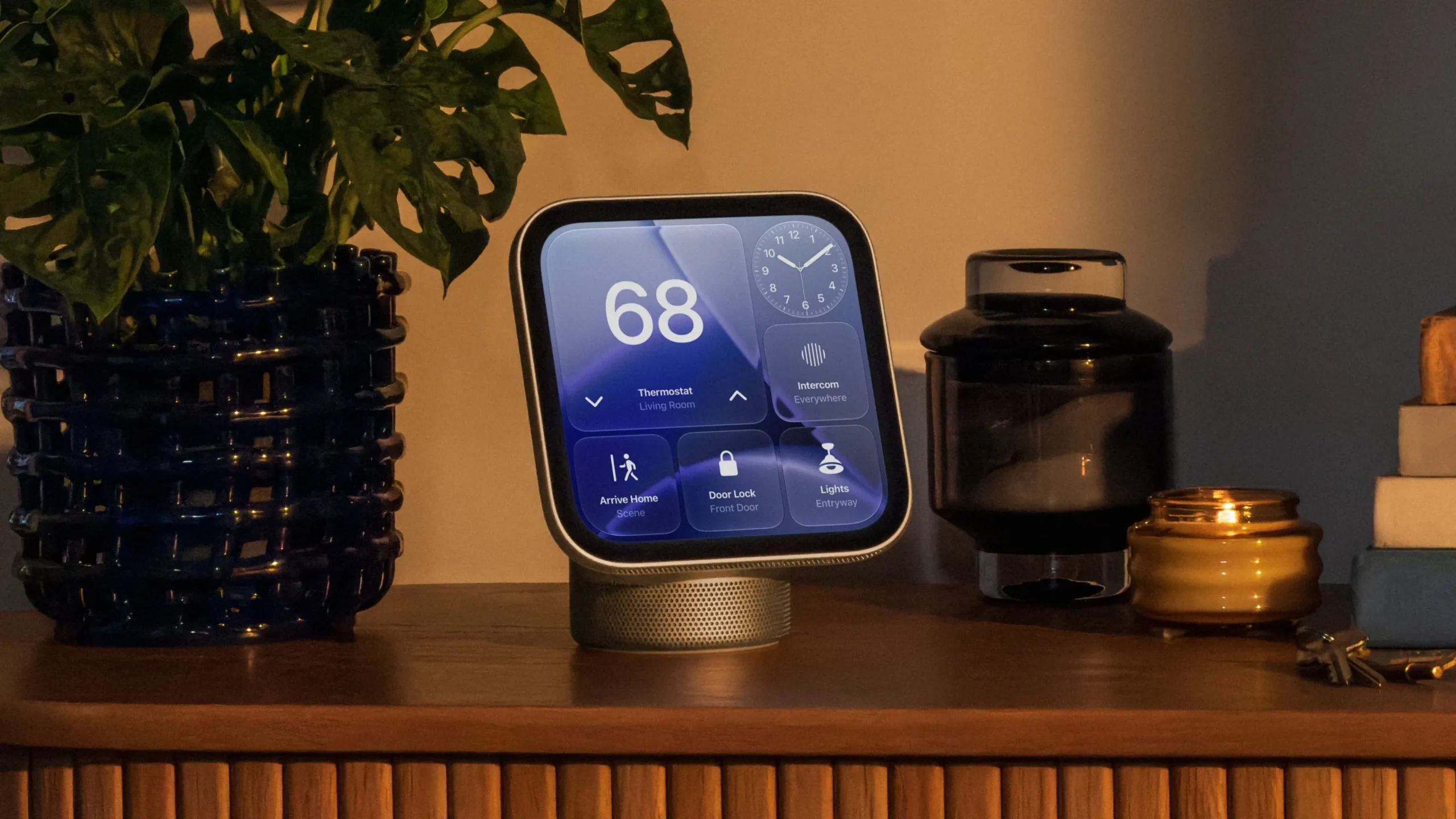 Apple HomeView smart display on kitchen counter with rounded square shape