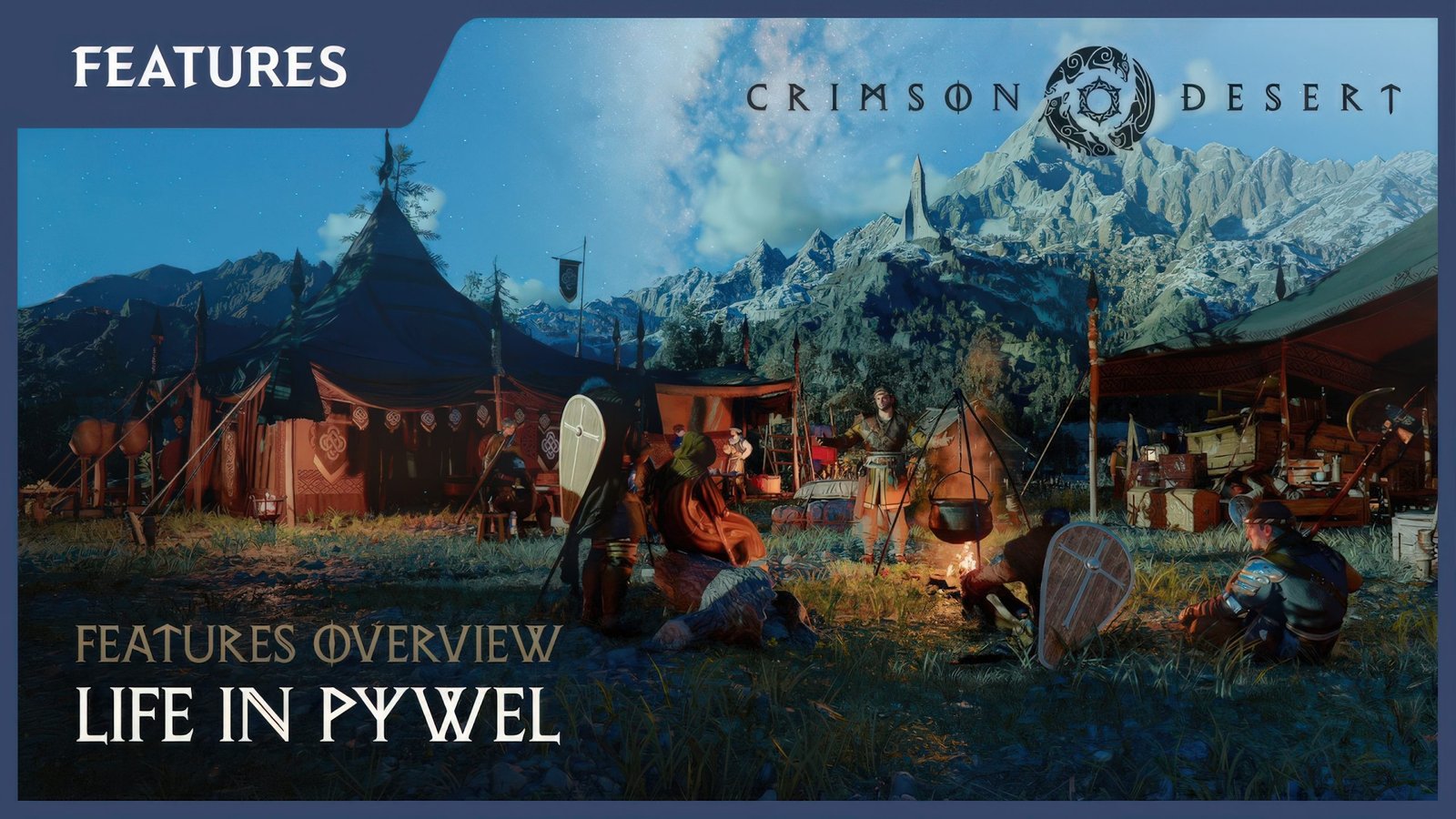 Crimson Desert's Greymane Camp, a bustling hub of activity, filled with life and colour, where players can interact with non-playable characters and engage in various non-combat activities, such as crafting and trading, in a game developed by Pearl Abyss